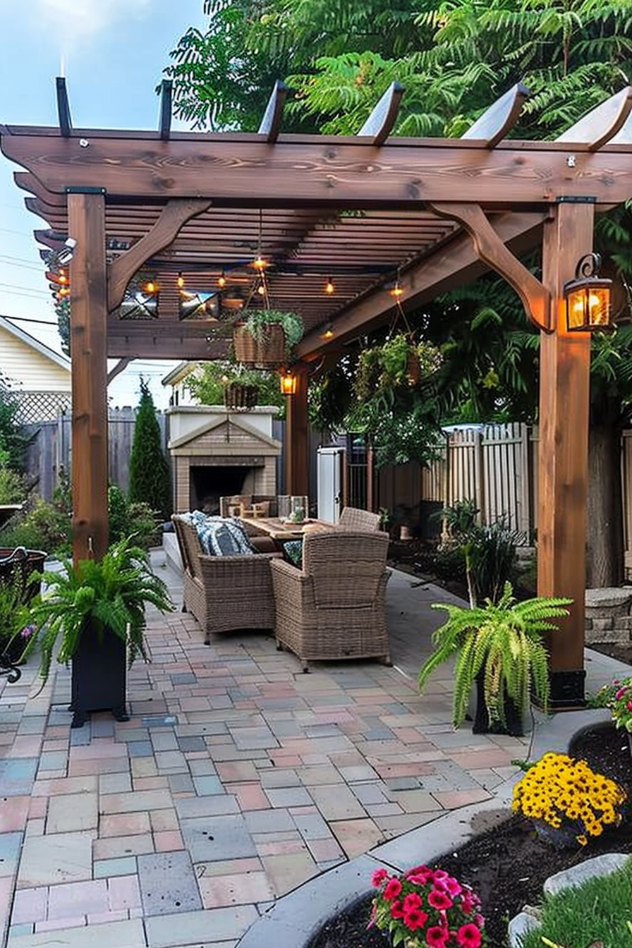 A cozy backyard patio with a wooden pergola, hanging plants, string lights, wicker furniture, and a stone fireplace.