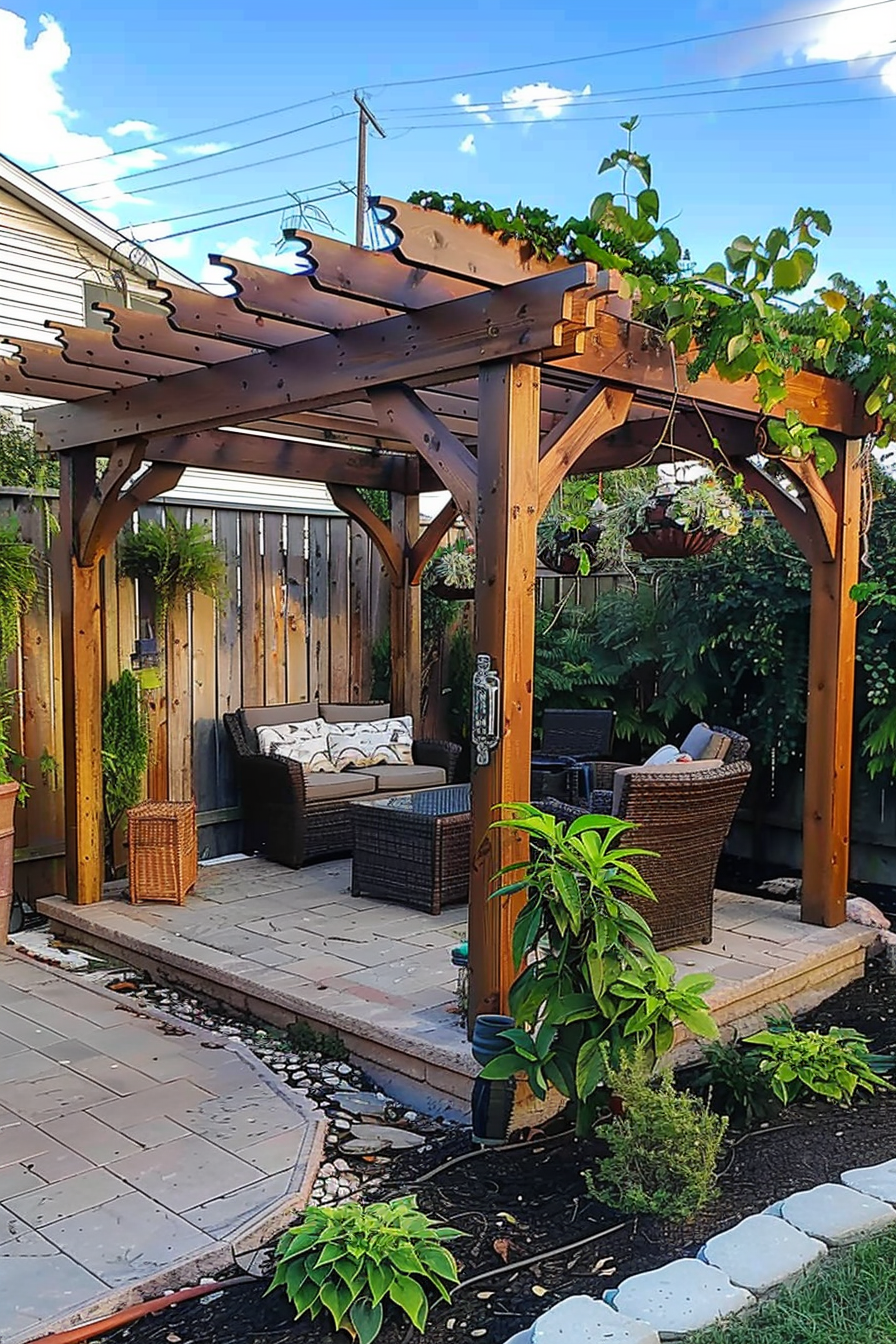 Cozy backyard patio with a wooden pergola, outdoor furniture, and hanging greenery under clear blue skies.