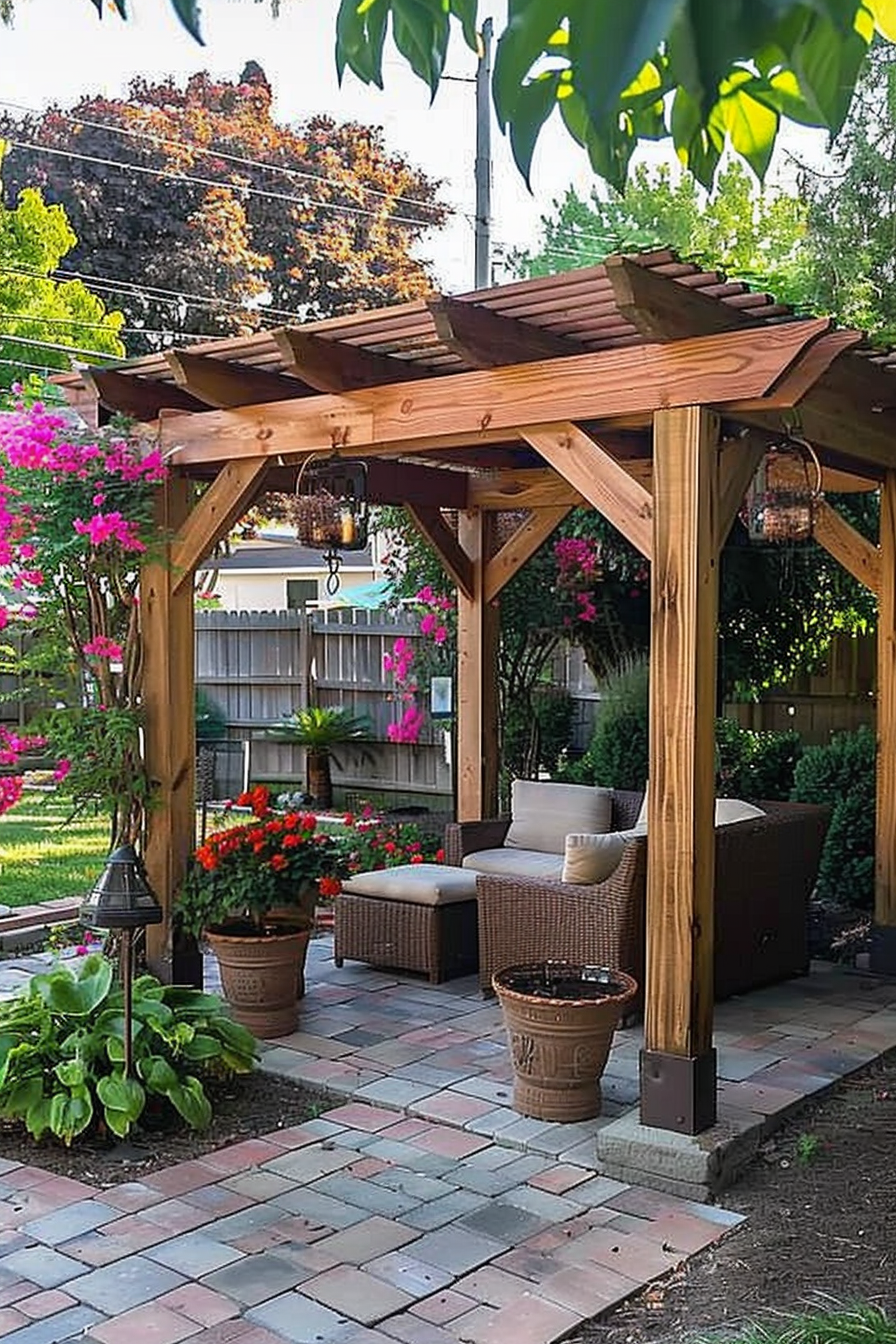 Cozy backyard garden with a wooden pergola, wicker furniture, blooming flowers, and hanging lanterns on a paved patio.