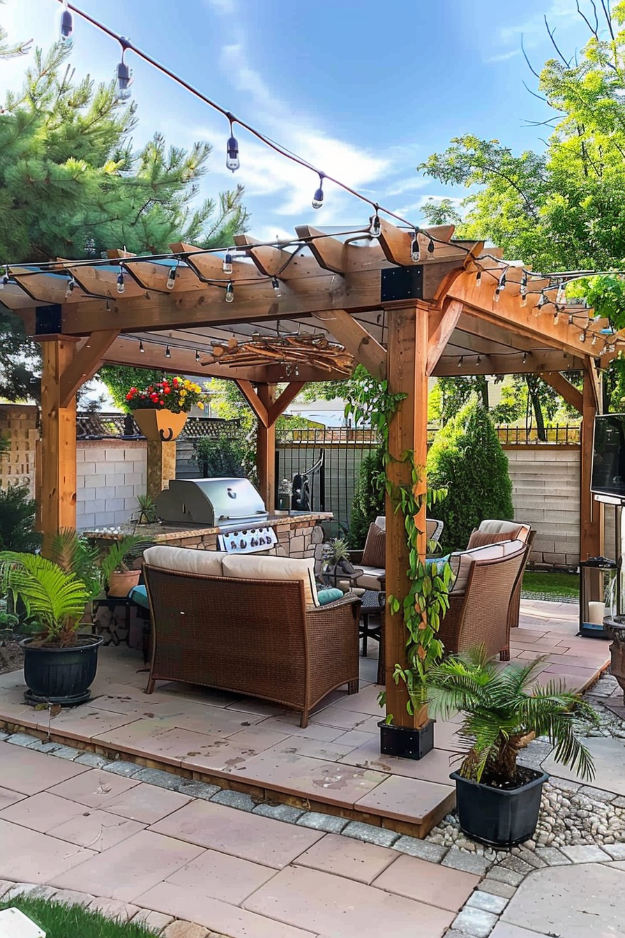 A cozy backyard patio with a pergola, string lights, furniture, a grill, and potted plants, under a clear blue sky.