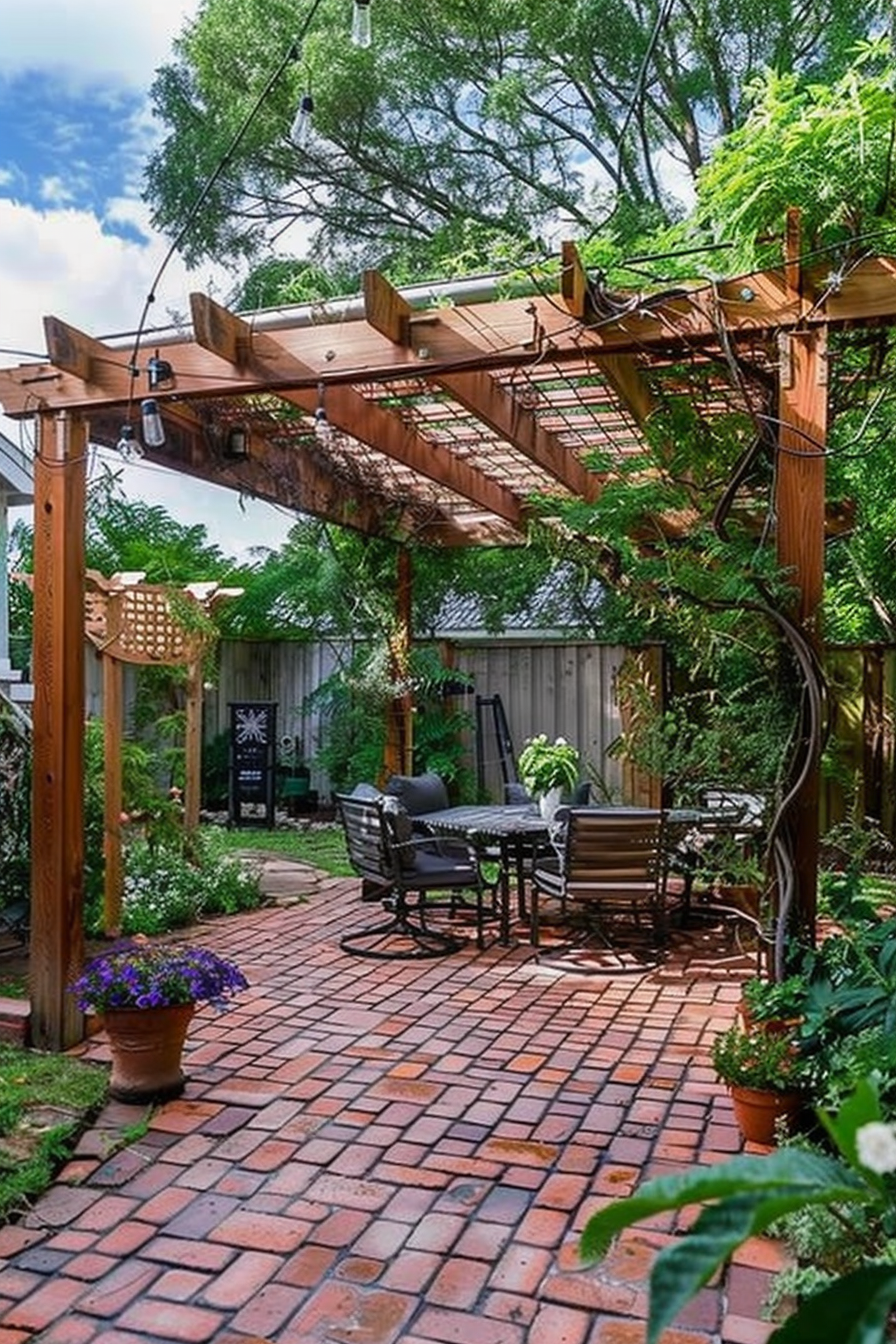 Wooden pergola with hanging lights over a patio set on brick flooring, surrounded by lush greenery and a wooden fence.