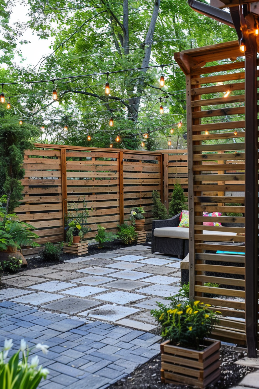 Cozy backyard garden with string lights, wooden fences, greenery, and patterned pavement.