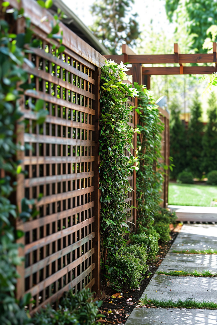 Wooden lattice fence with climbing green plants in a garden pathway.