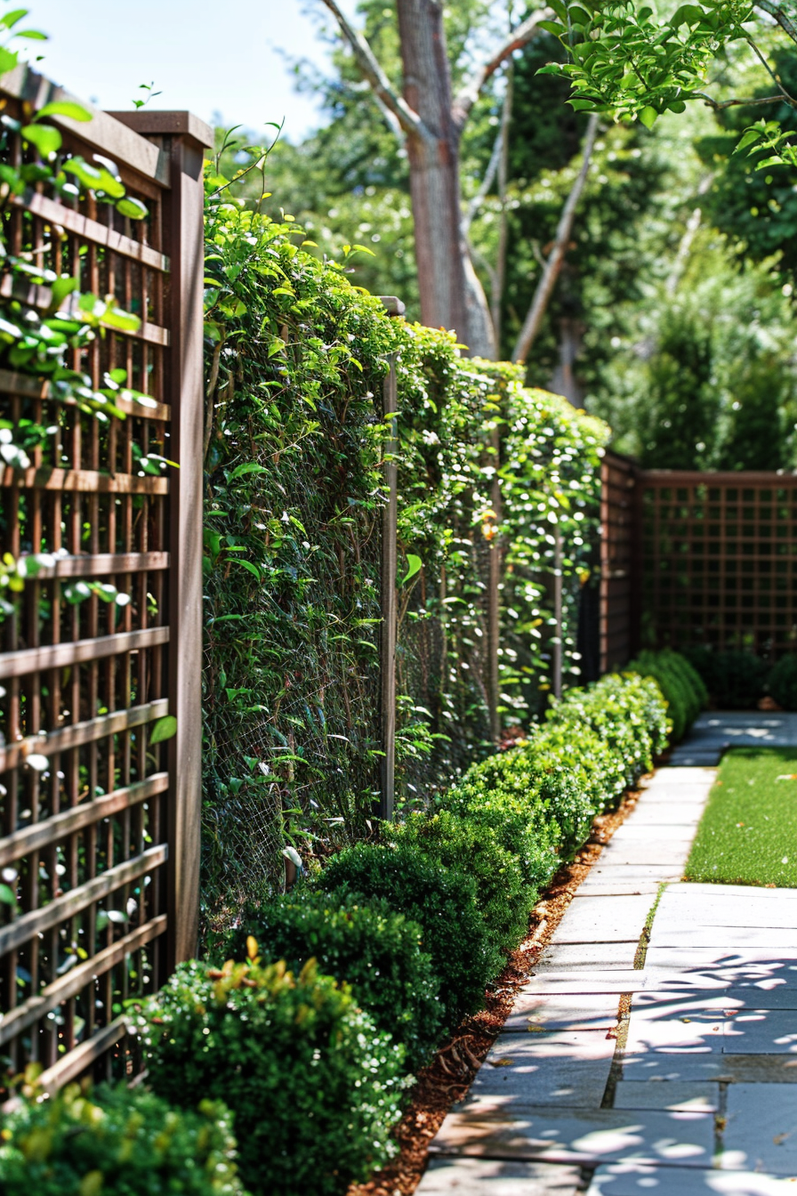 A sunlit garden pathway with neatly trimmed hedges and a wooden lattice fence covered in climbing plants.