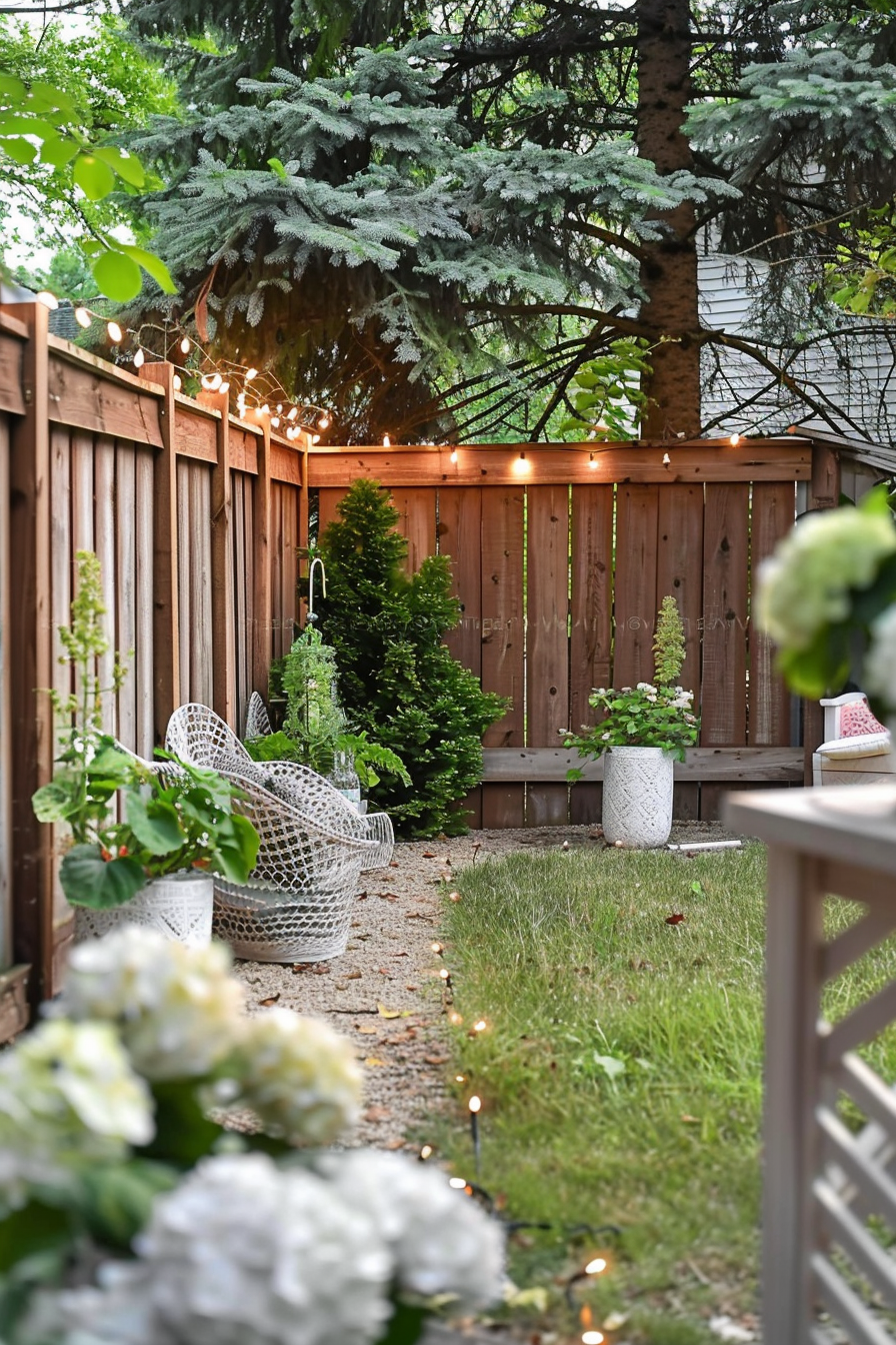Cozy backyard garden with string lights, wooden fence, greenery, a gravel path, and a white wicker chair.