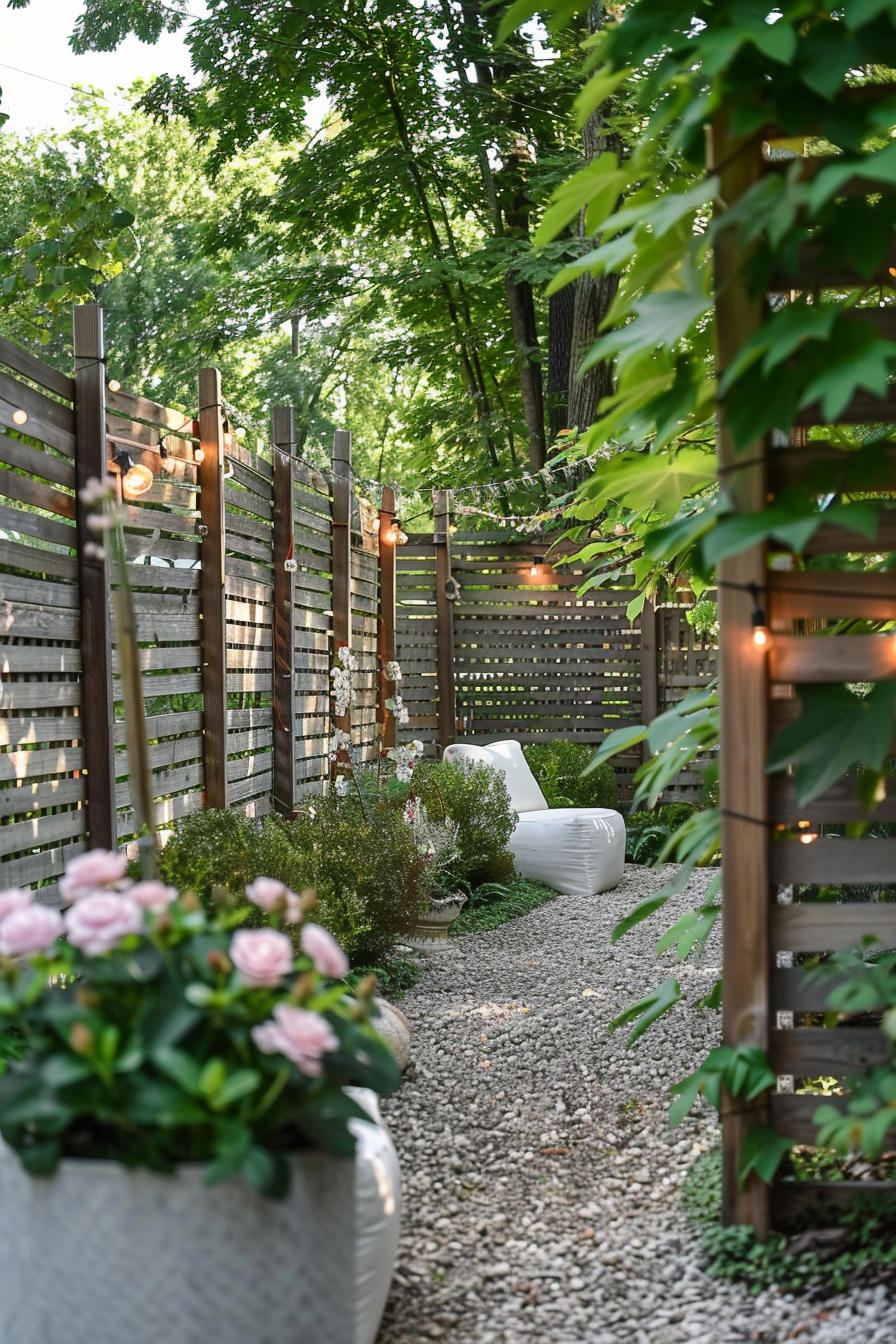 A serene garden pathway lined with flowers, tall grasses, and strung lights, leading to a cozy seating area.