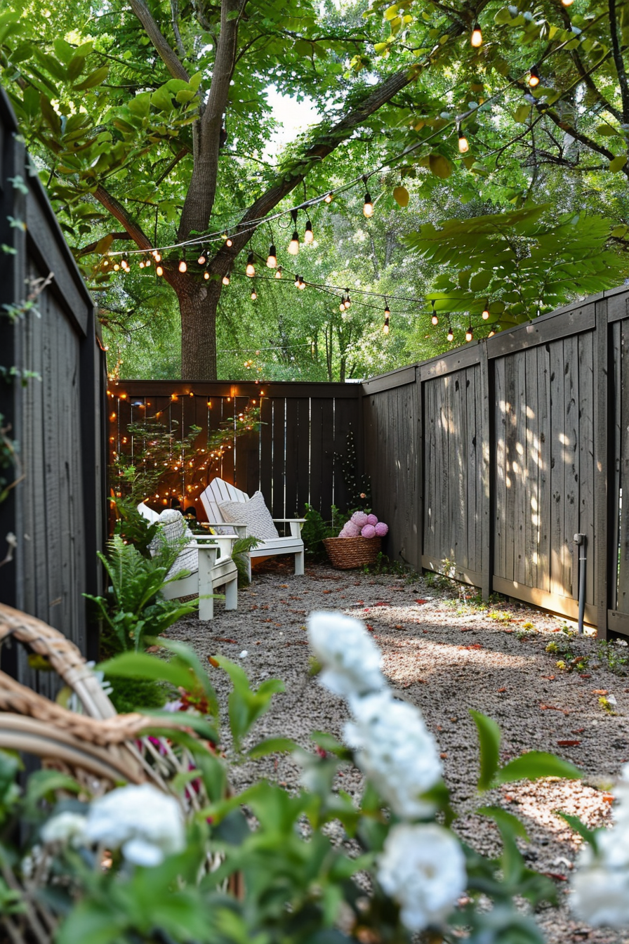 A cozy outdoor space with white Adirondack chairs, surrounded by a wooden fence, string lights, and lush greenery.
