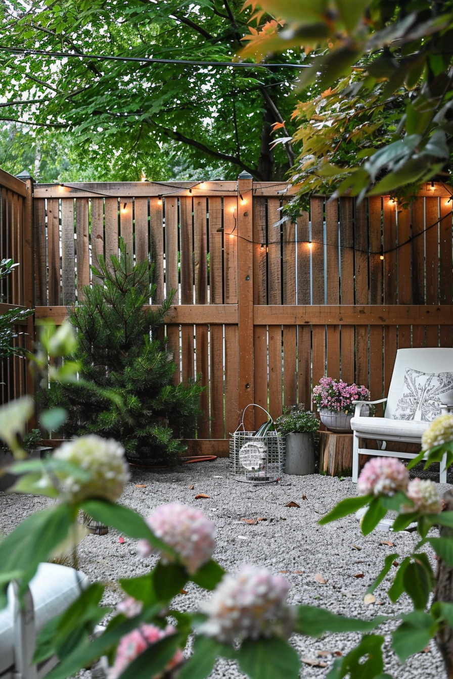 A cozy garden corner with string lights, wooden fence, plants, and outdoor seating area, surrounded by green foliage.