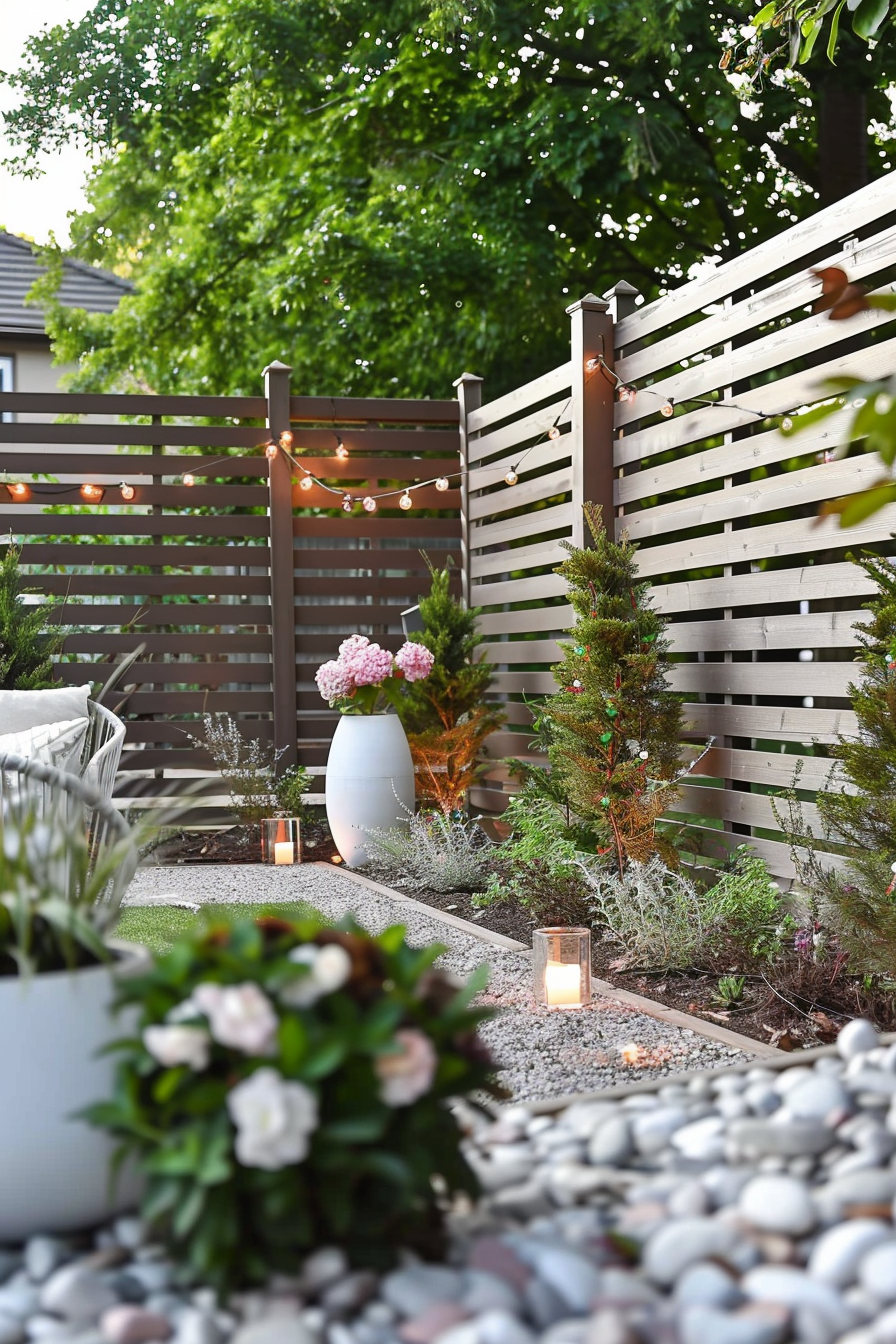 Cozy garden corner at dusk with string lights, decorative pebbles, potted plants, and a wooden privacy fence.
