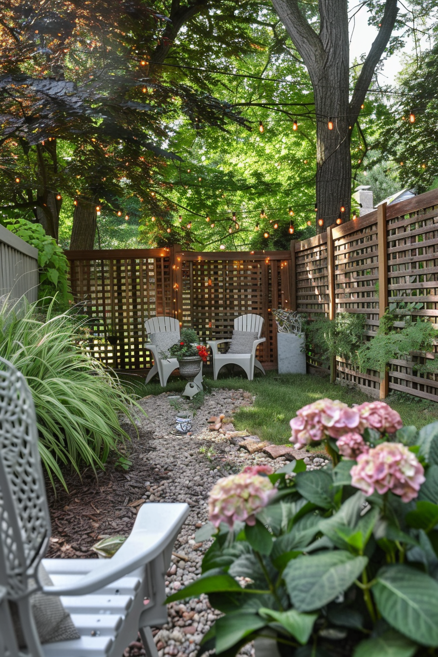 Inviting backyard garden with string lights, hydrangea bushes, seating area, and a wooden privacy lattice fence.