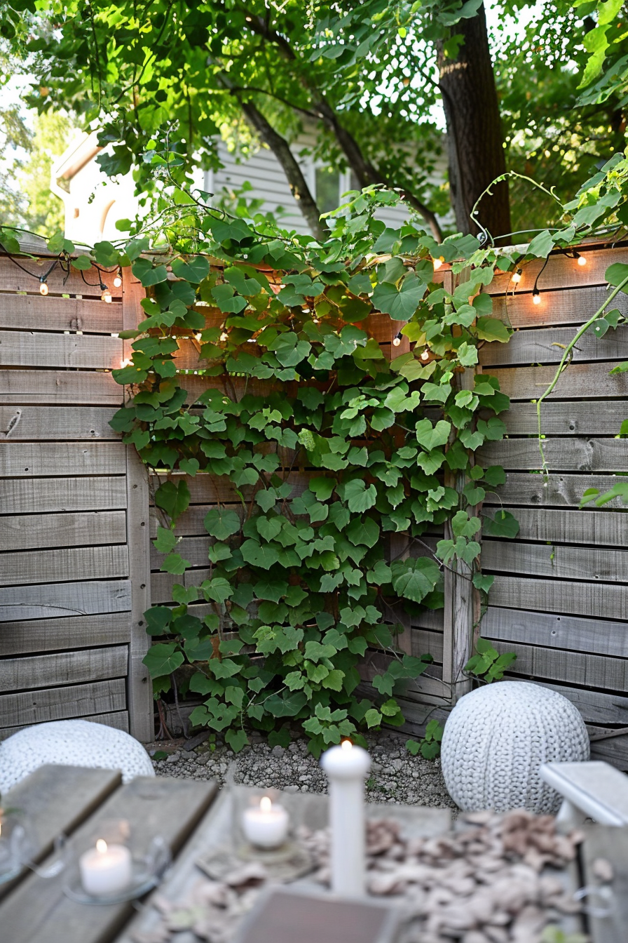 Cozy outdoor patio with string lights, green leafy vines on a wooden fence, and a table set with candles.