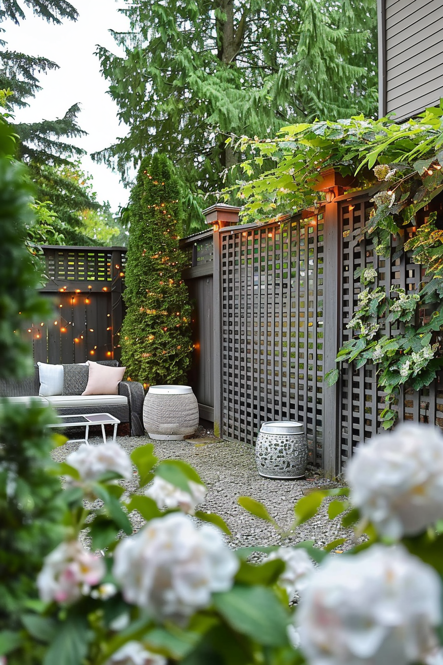 A cozy garden nook with string lights, lush greenery, a modern sofa, and decorative stools surrounded by a wooden lattice fence.