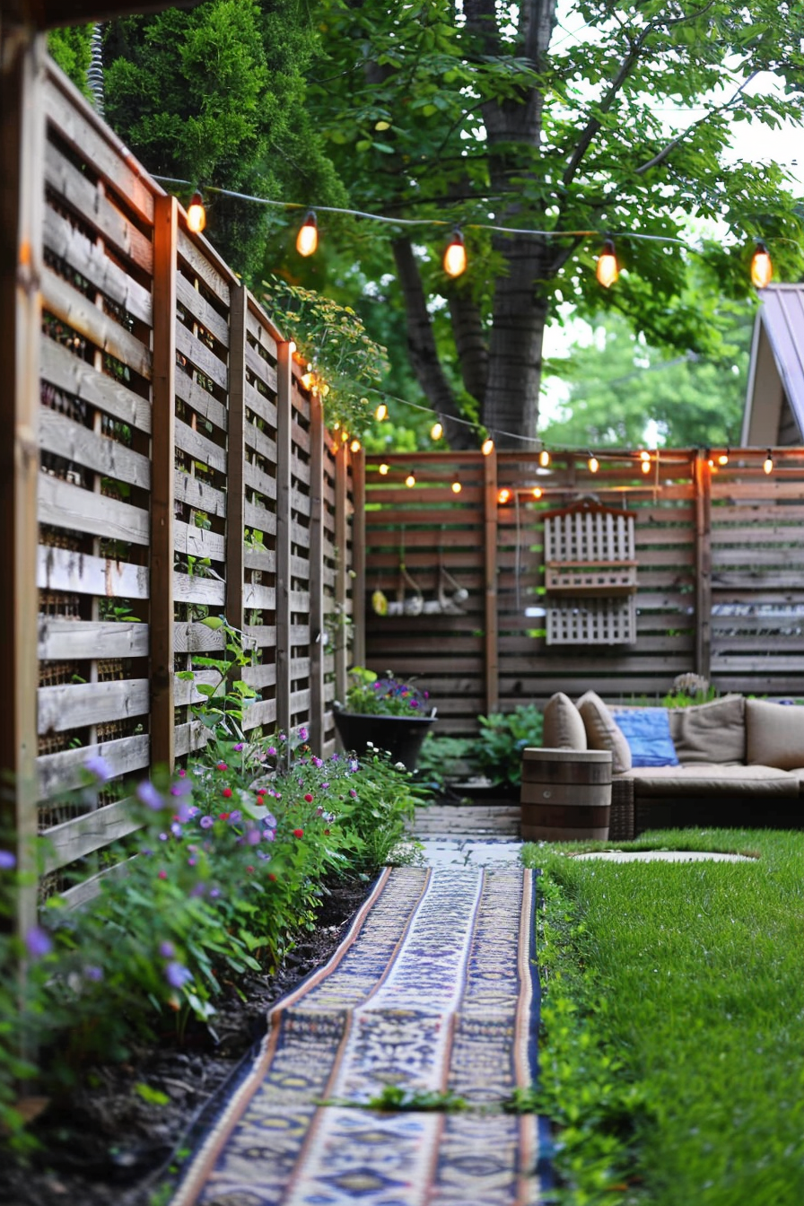 "Cozy backyard garden at dusk with lit string lights, wooden privacy fence, patterned rug on pathway, and outdoor seating area."