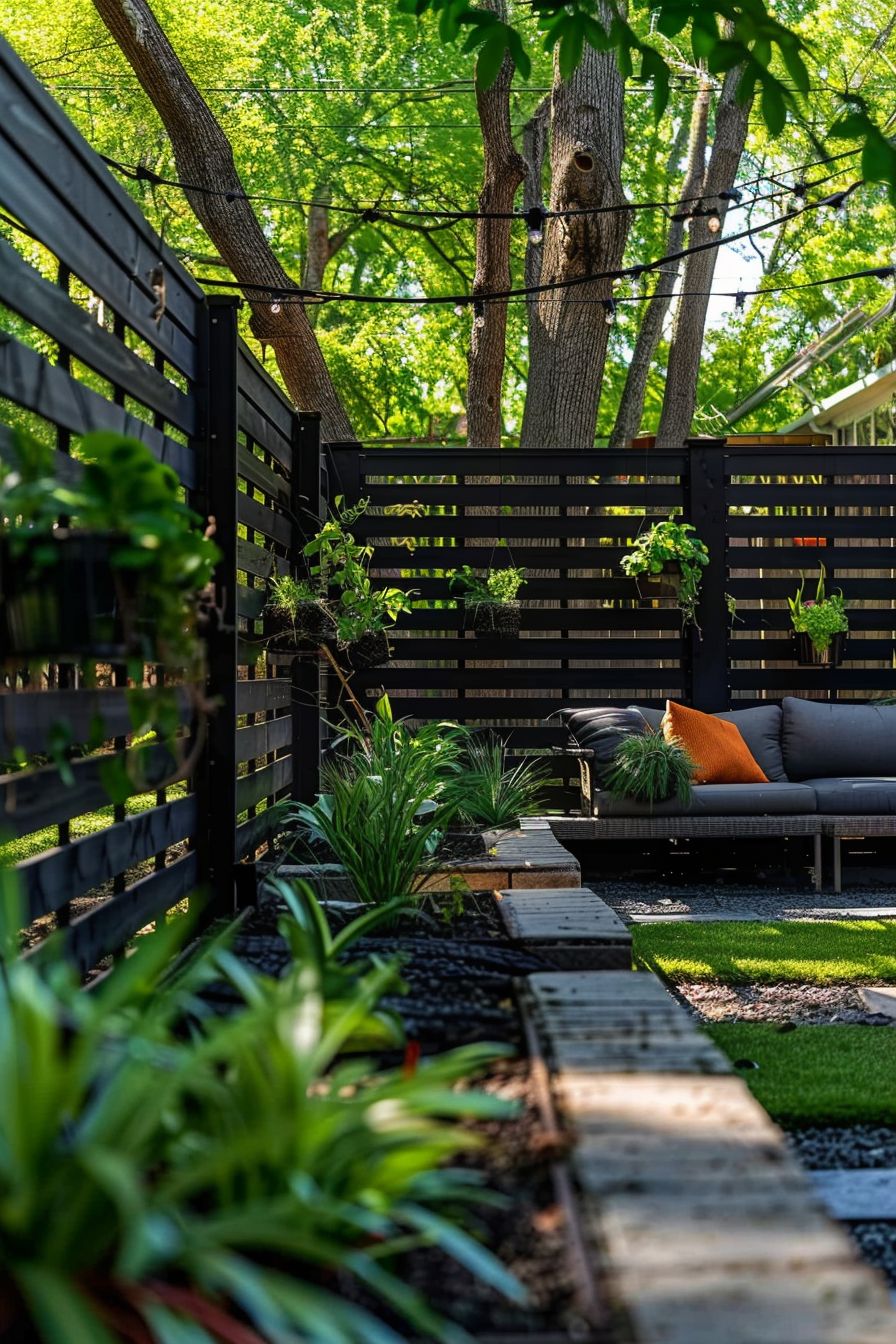 Cozy outdoor patio area with black fencing, hanging plants, and modern furniture amidst vibrant greenery and trees.