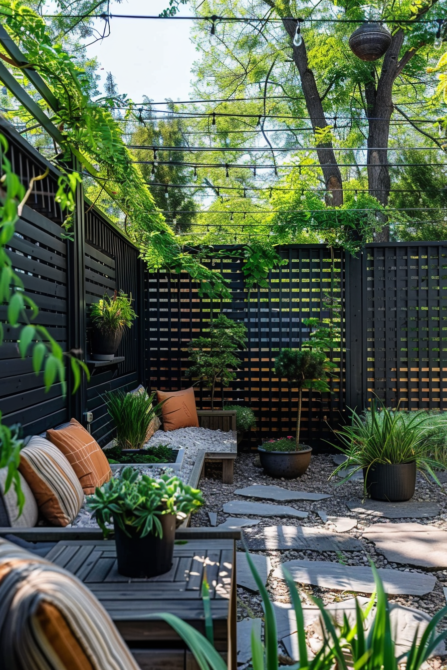 A cozy outdoor patio space with modern black privacy screens, wooden furniture, potted plants, and stone pathways, surrounded by greenery.