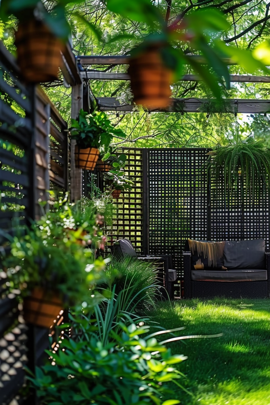 Cozy garden patio with hanging lanterns, lush greenery, black trellis, and a comfortable seating area.