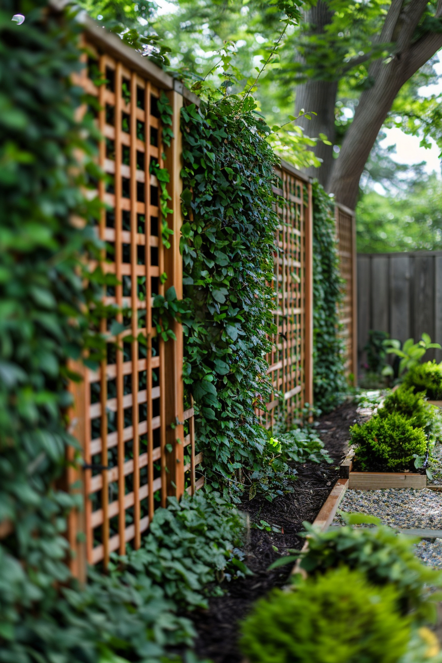 ALT: A wooden garden trellis with climbing green ivy, flanked by lush plants and a tree, showcasing a serene backyard landscape.