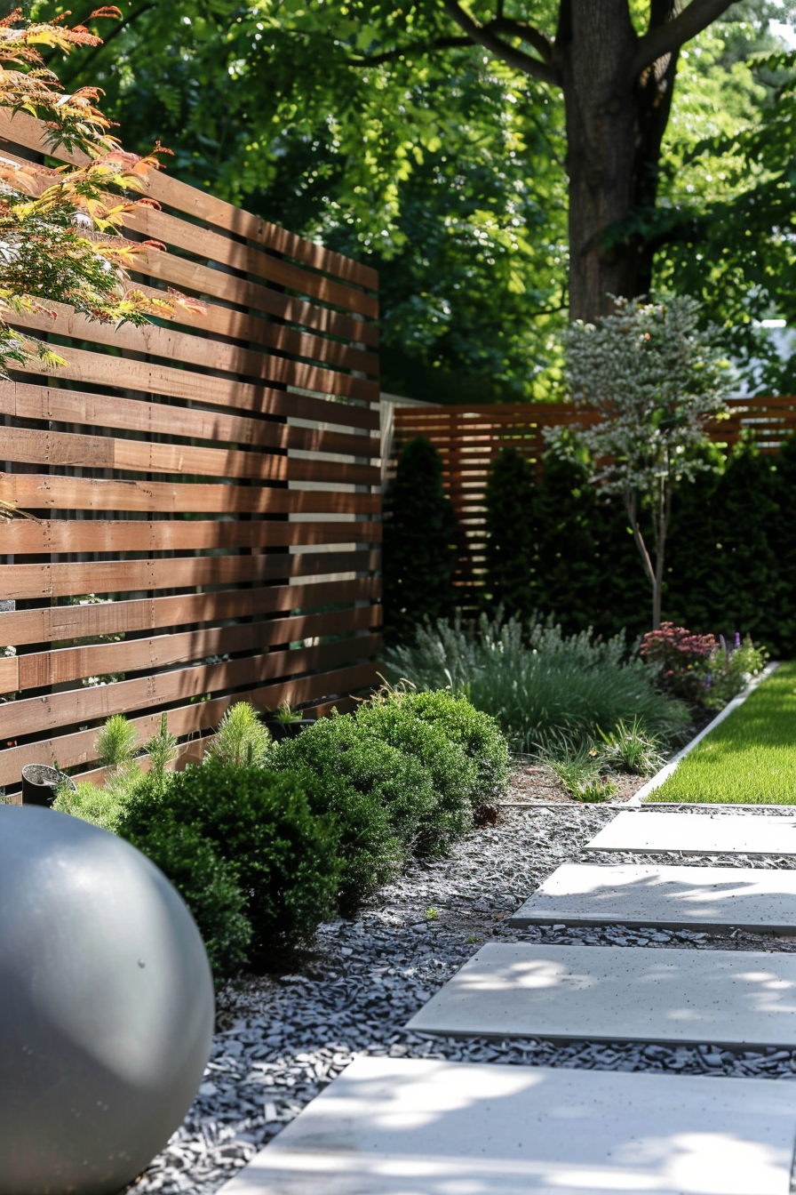 A modern garden pathway with rectangular stepping stones, ornamental bushes, gravel, and a wooden privacy fence.