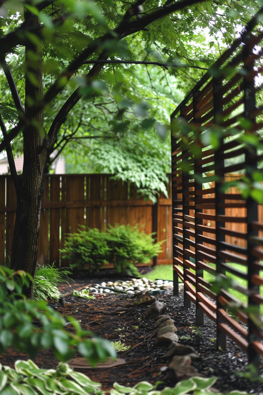 A serene garden path with lush greenery, a wooden trellis on the right, and a wooden fence in the background.