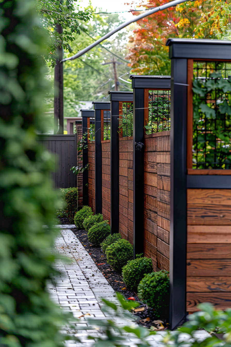A landscaped pathway with a wooden fence, black posts, and spherical shrubs on a residential property.