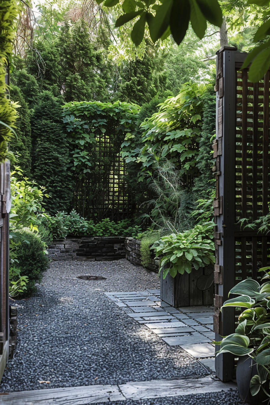 ALT: A serene garden pathway with pebbles, stepping stones, lush greenery, and a wooden trellis surrounded by an abundance of plants.