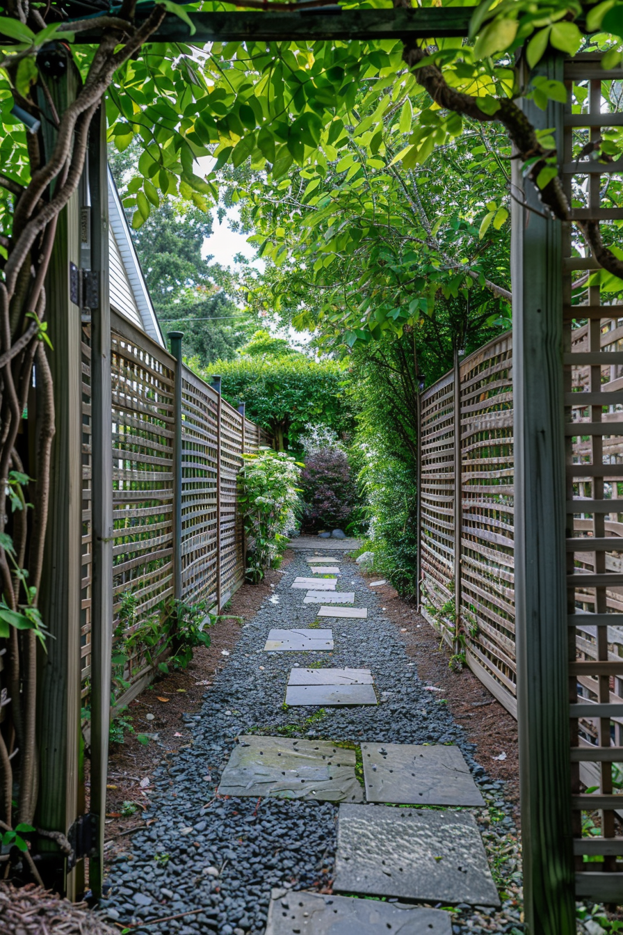 A serene garden pathway lined with lattice fences and stepping stones, surrounded by lush greenery and shaded by leafy trees.