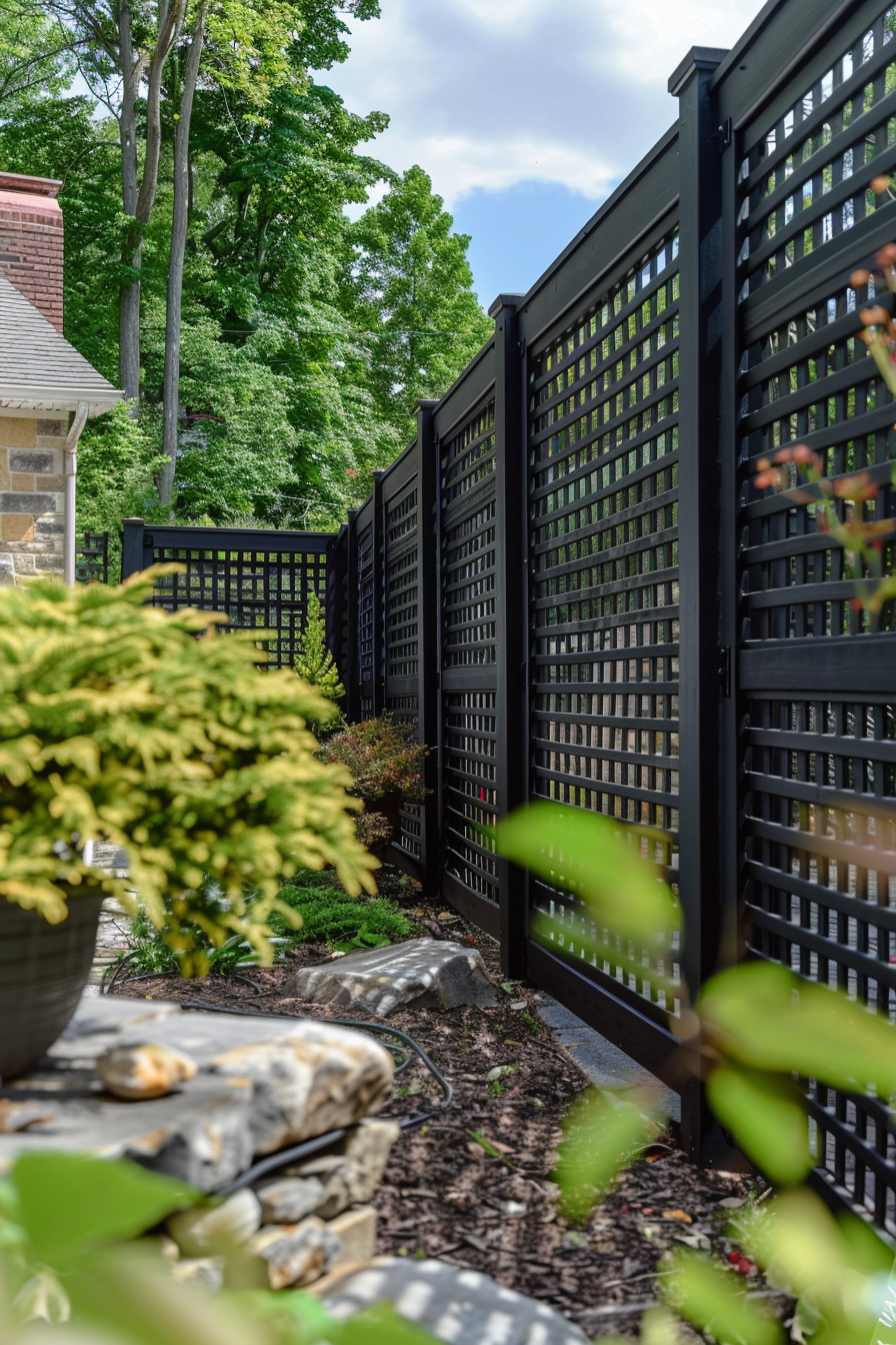 A lush garden with a black latticed privacy fence, green trees in the background, and a foreground of vibrant plants and rocks.