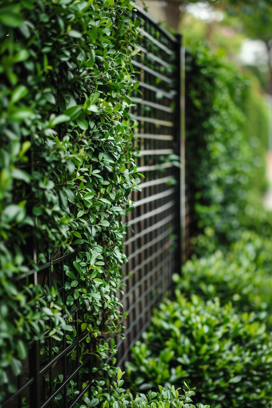 Green leafy plants growing through a black metal grid fence, creating a natural wall of foliage.