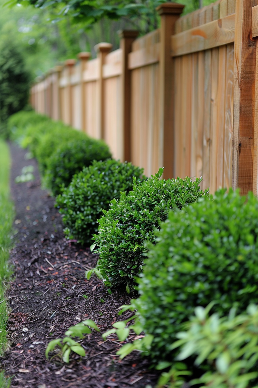 ALT: A neatly maintained garden path with vibrant green shrubs aligned against a wooden fence, showcasing careful landscaping.