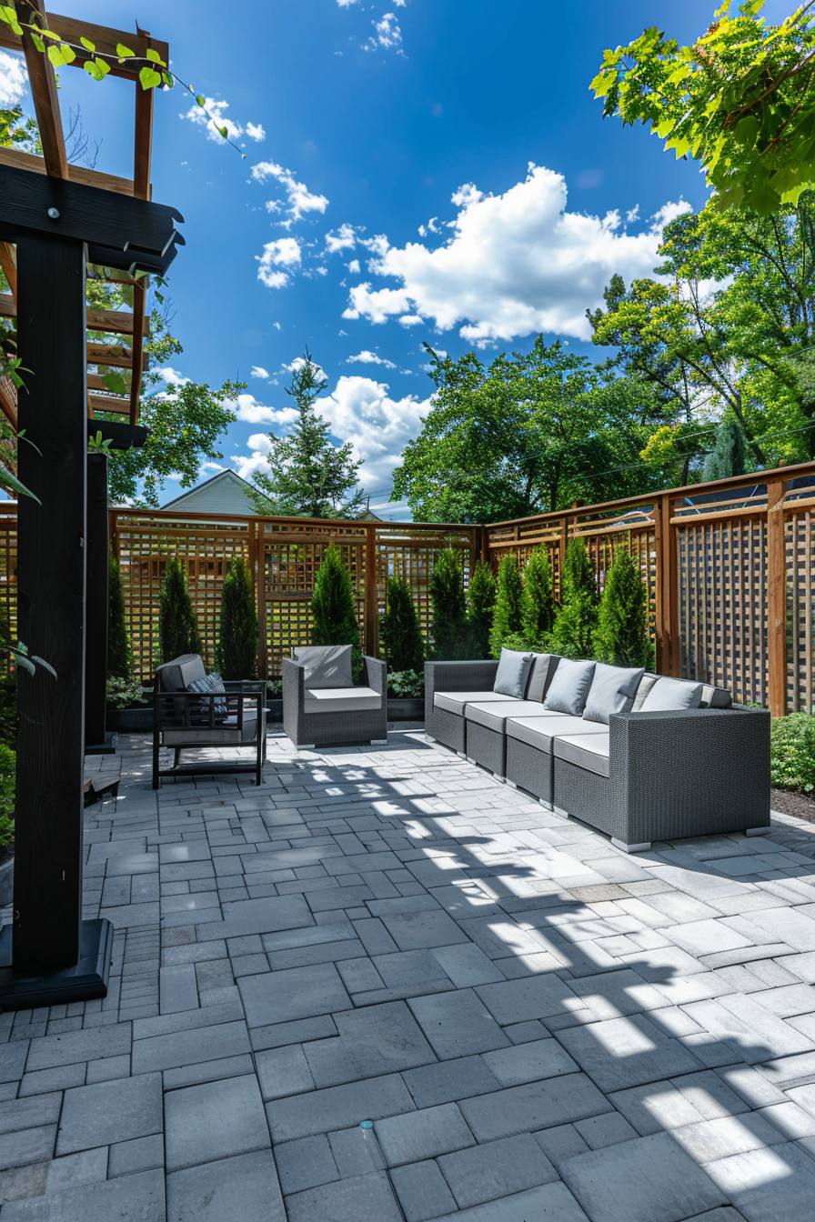 A modern outdoor patio featuring a pergola, stone flooring, and comfortable lounge furniture, surrounded by green trees under a blue sky.