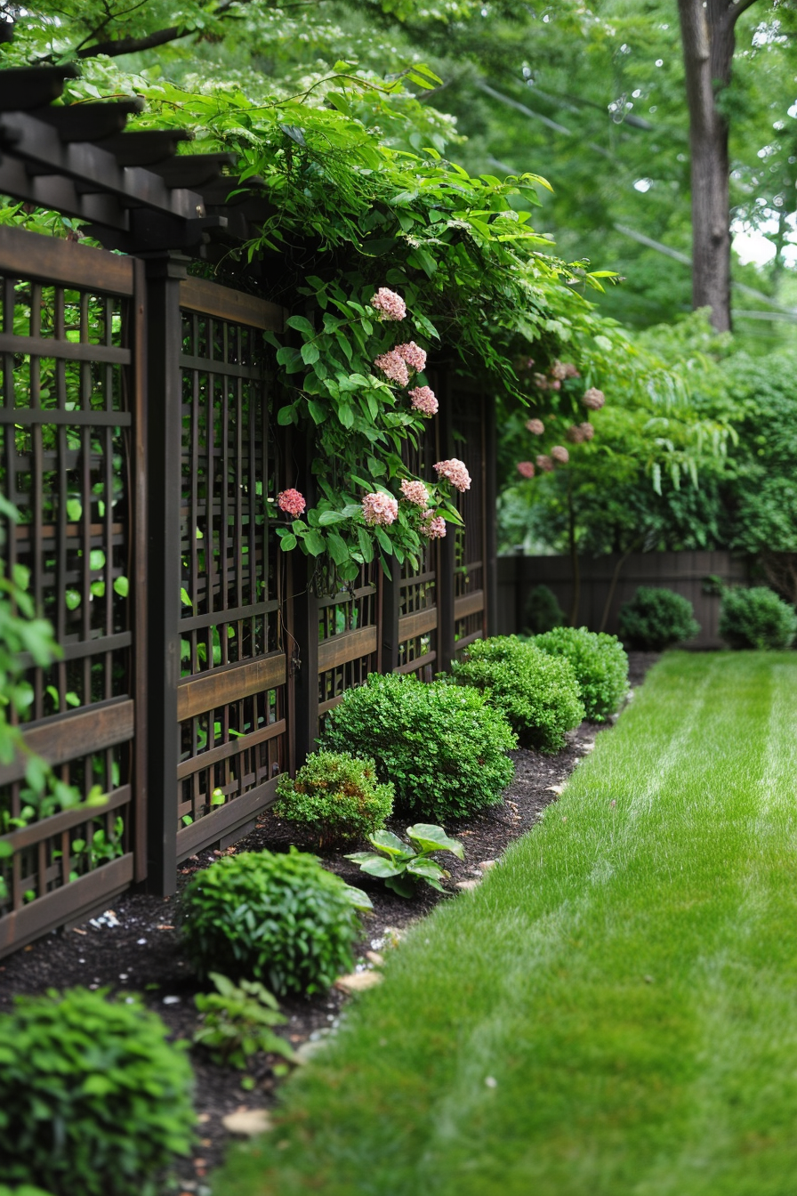 Wooden lattice fence with overhanging greenery and pink hydrangeas above manicured bushes and a well-kept lawn.