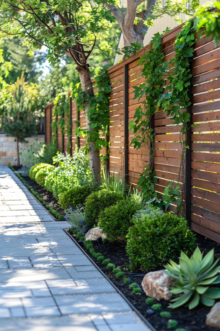 A landscaped pathway with wooden fences, green shrubs and plants, and climbing ivy in a sunlit garden setting.