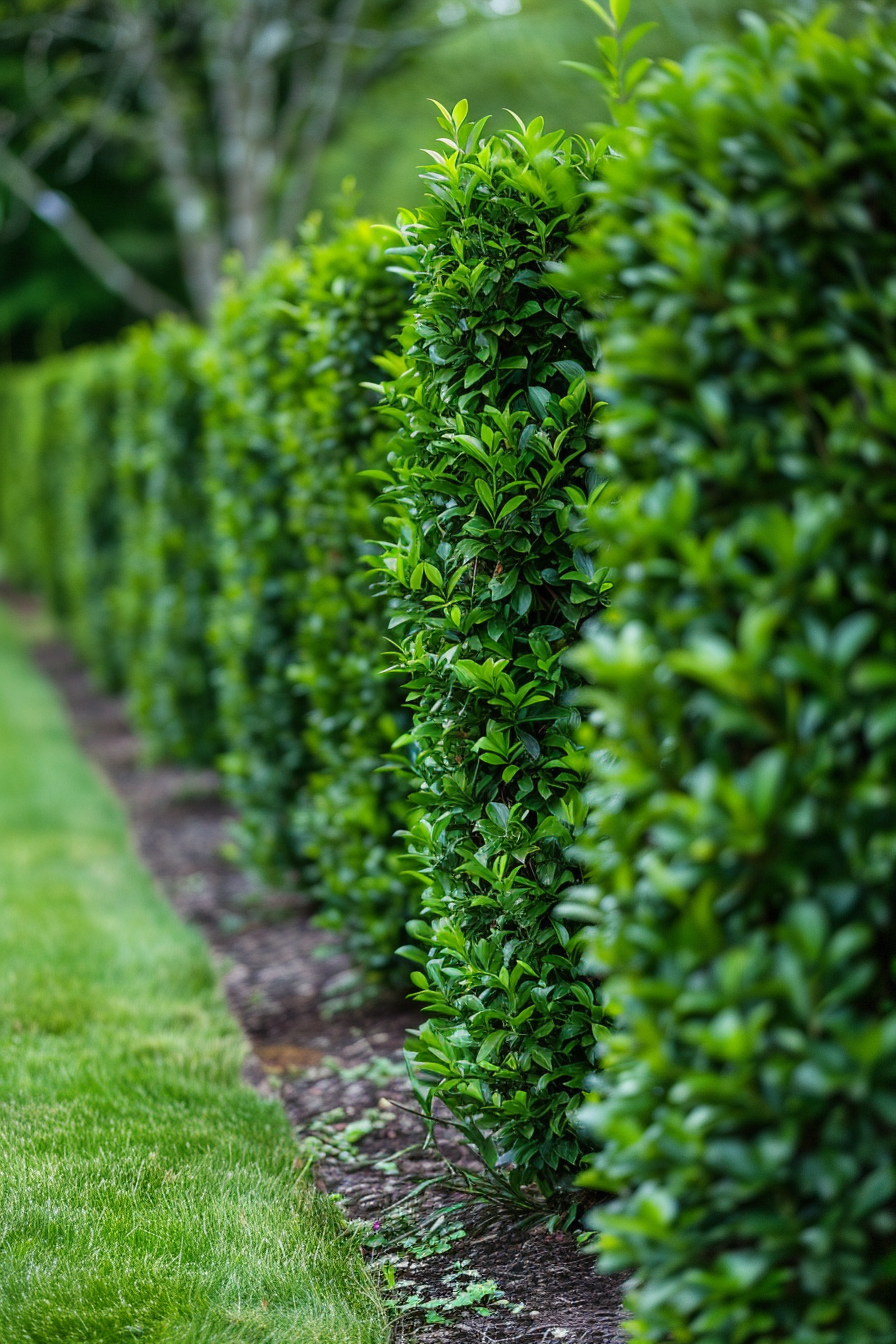 A row of neatly trimmed green hedges with lush leaves, aligned along a well-maintained garden path.