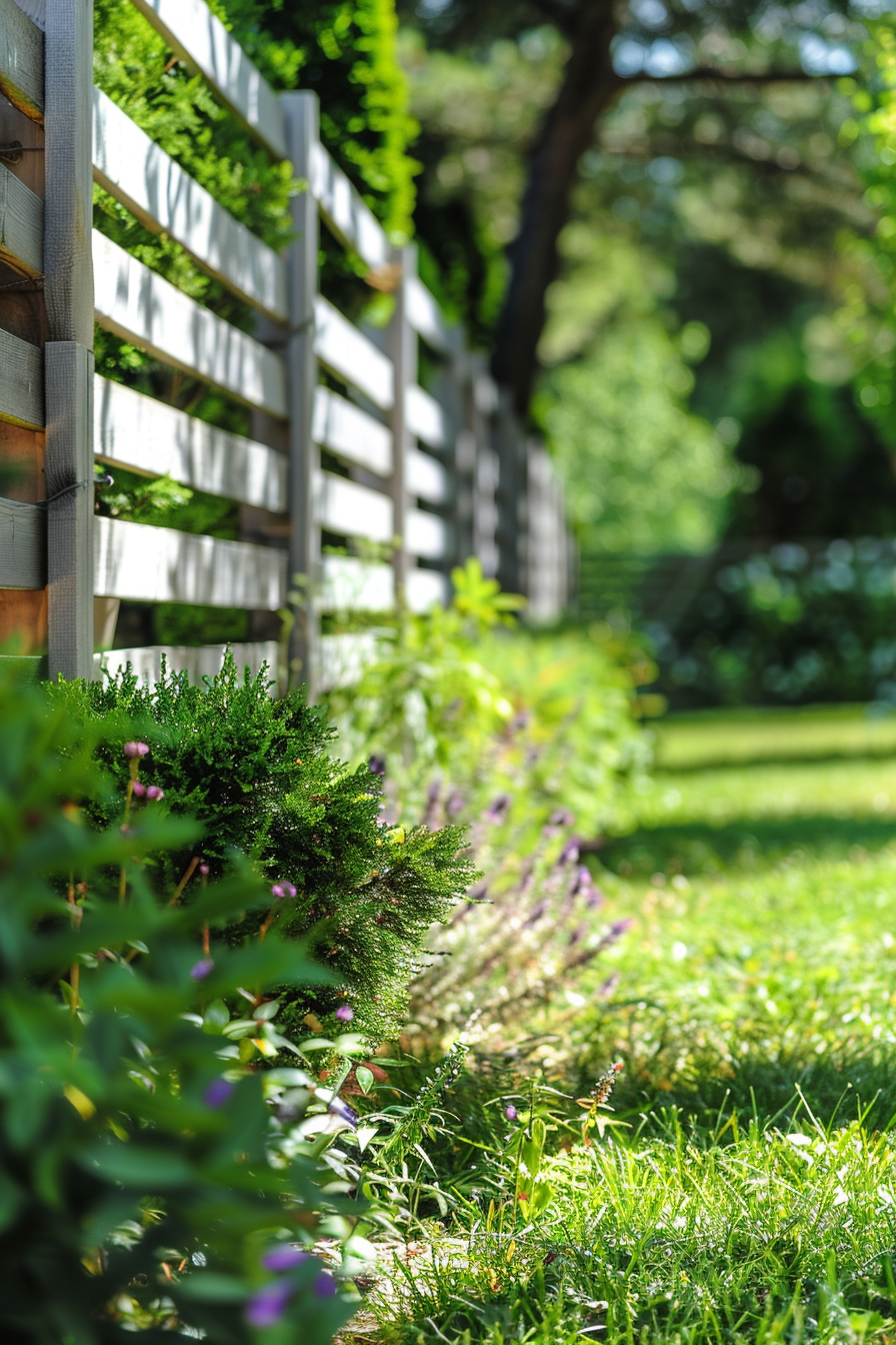 A lush garden with a wooden fence, shrubs and purple flowers lining one side, bathed in sunlight.