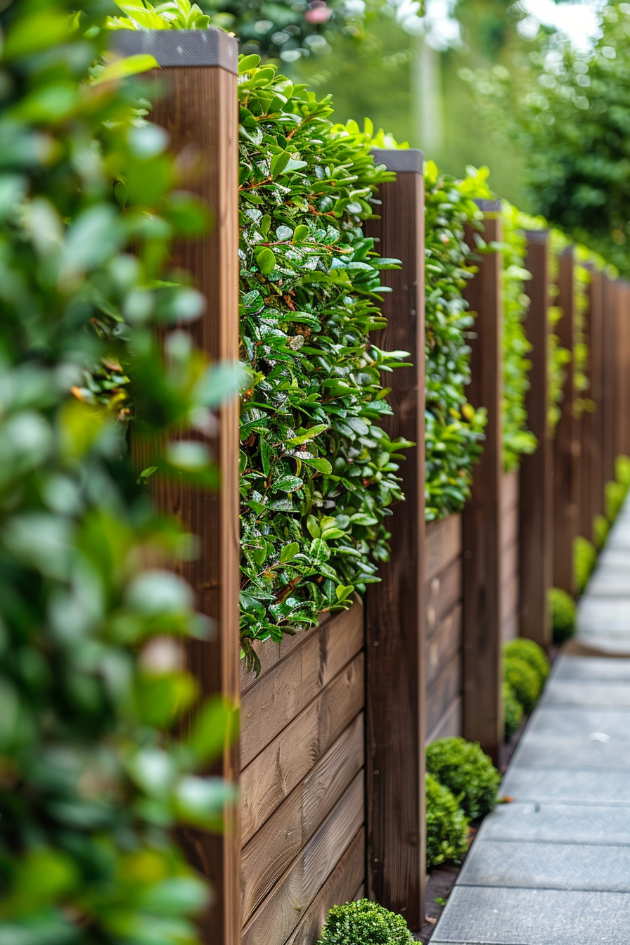 A wooden garden fence with lush green foliage spilling between the slats alongside a paved pathway.