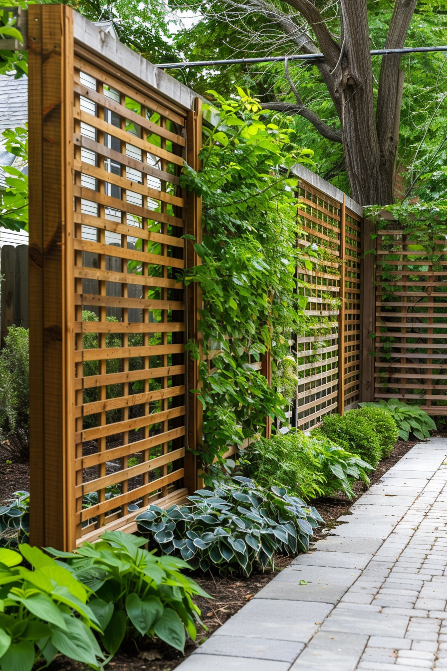 A pathway lined with hostas and other plants, alongside a series of tall wooden lattice panels under a tree.
