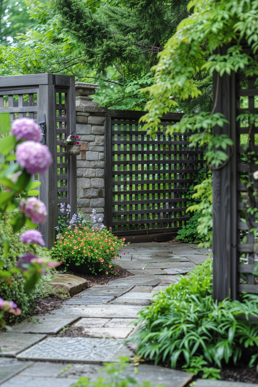 A serene garden pathway with flowering plants leading to a wooden lattice gate flanked by lush greenery.