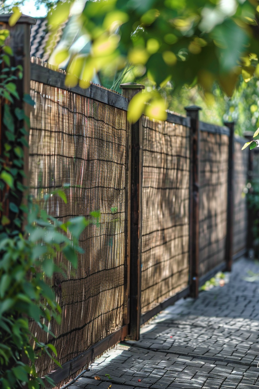 A bamboo privacy fence along a paved pathway with green foliage in the foreground, casting shadows in the sunlight.