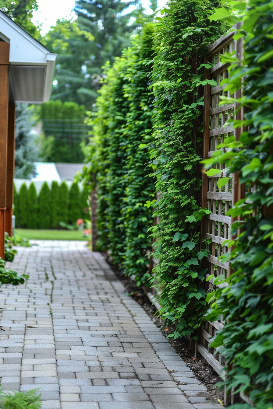 Paved walkway with lush greenery on a wooden trellis along one side leading to a garden area.