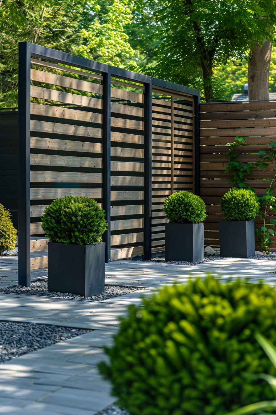 Modern garden landscape with wooden slat panels, neatly trimmed spherical bushes in black pots, and gray stone walkways.