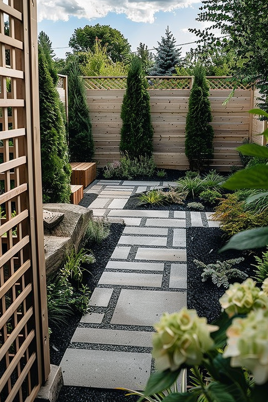 A modern garden pathway with geometric patterned tiles, surrounded by lush greenery and a wooden fence under a clear sky.