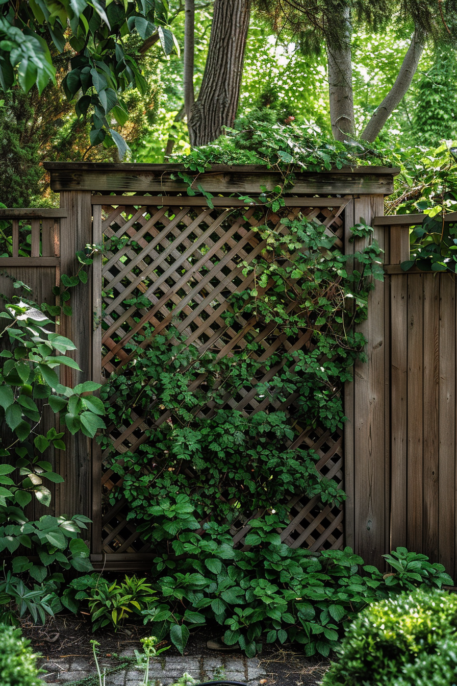 A wooden lattice fence surrounded by lush greenery and partially covered with climbing plants in a garden setting.