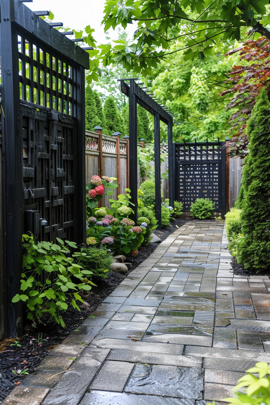 A serene garden pathway with wet paving stones, surrounded by lush greenery and vibrant hydrangeas, leading to a wooden lattice gate.