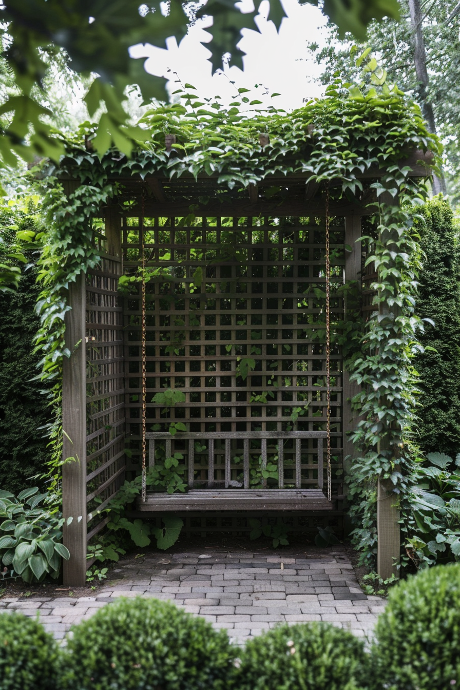 A wooden lattice garden arbor covered with lush green vines, featuring an integrated bench, set within a brick-paved alcove.