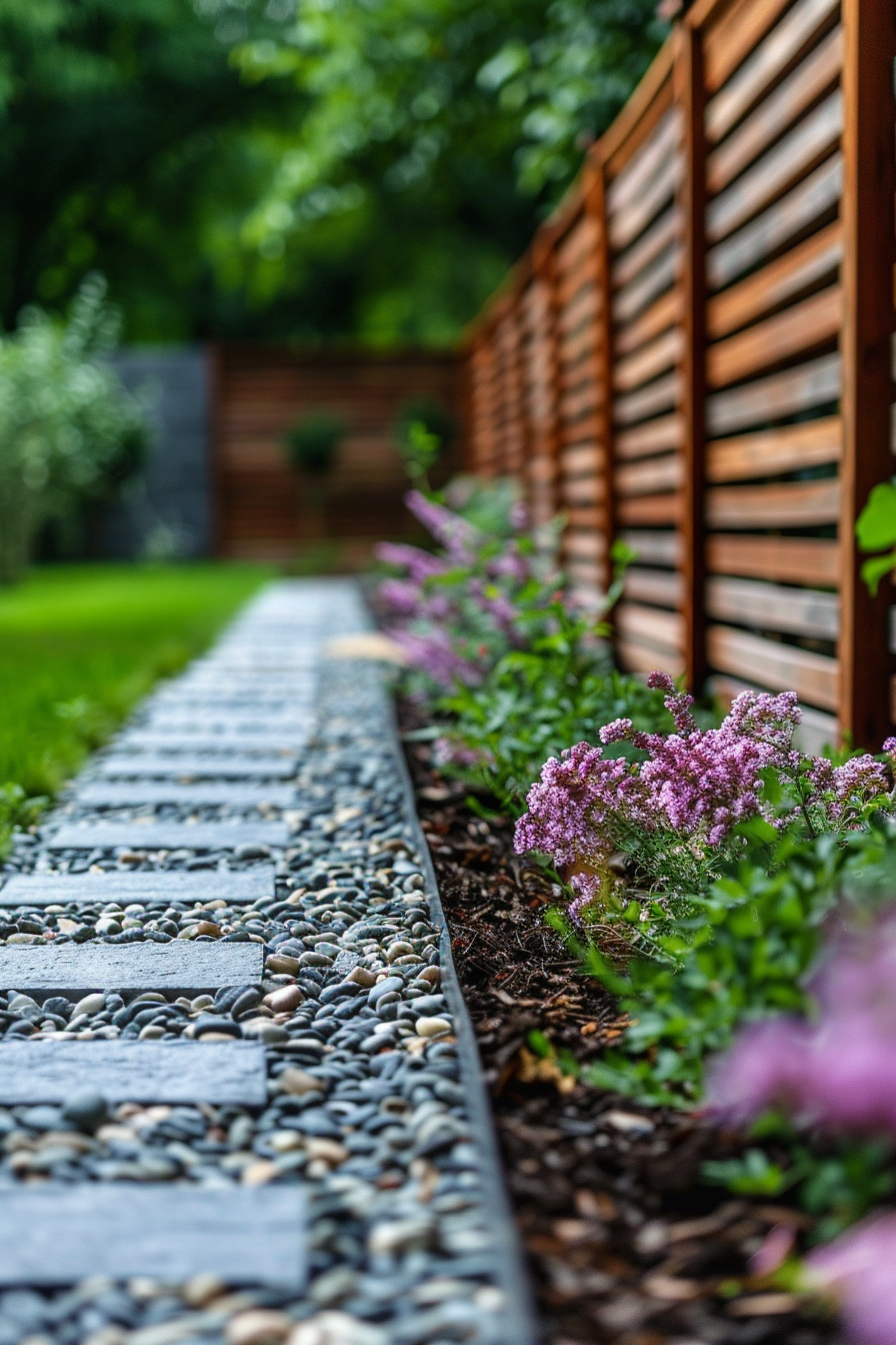 ALT: A close-up of a garden pathway with rectangular stepping stones, pebbles, and blooming purple flowers along a wooden fence.