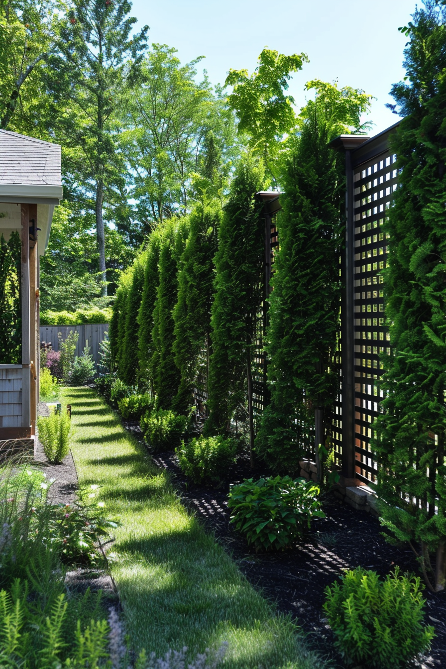 Garden pathway with trimmed hedges and wooden lattice privacy screens under a clear blue sky.