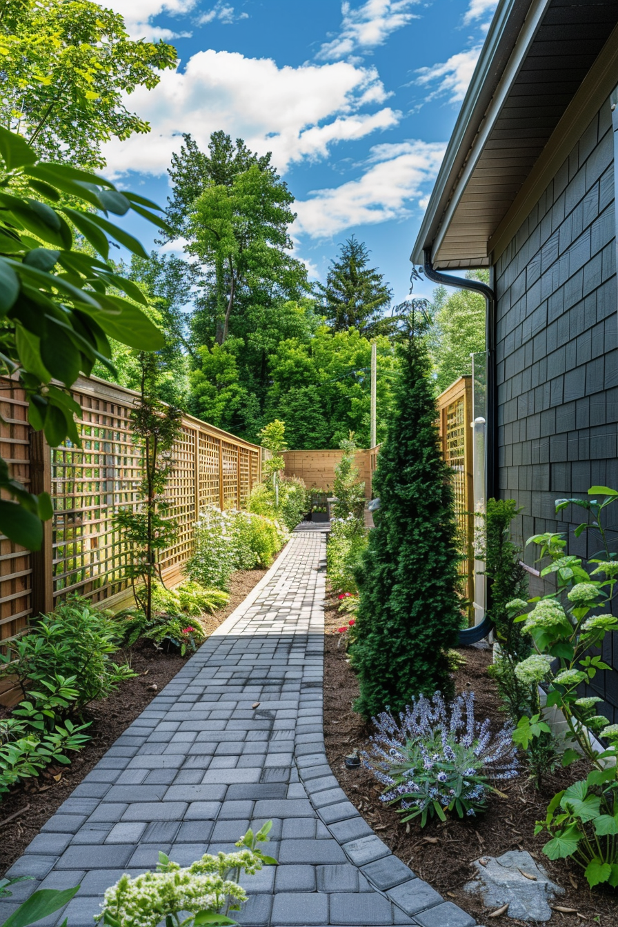Alt text: A landscaped garden path with brick paving, surrounded by lush green plants, trees, and a wooden lattice fence under a clear blue sky.