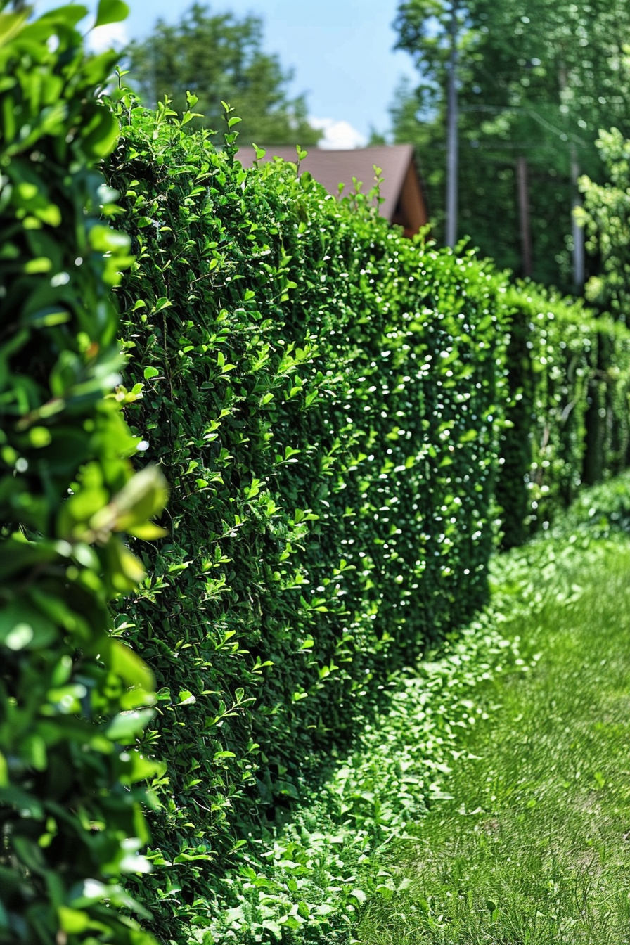 A neatly trimmed green hedge lines a path with a glimpse of a red-roofed house in the background on a sunny day.
