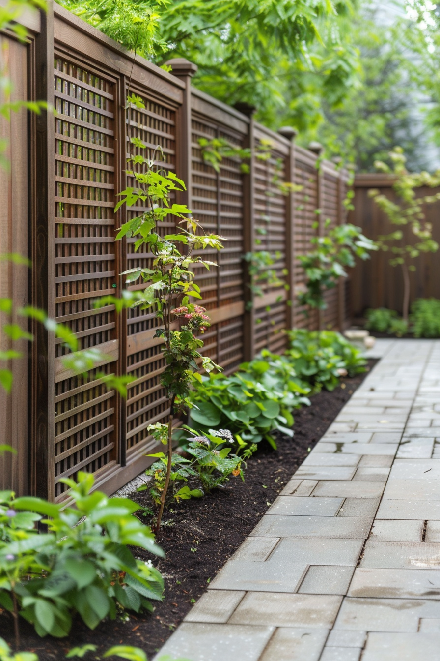 A serene garden pathway lined with lush greenery and a decorative wooden lattice fence on one side.