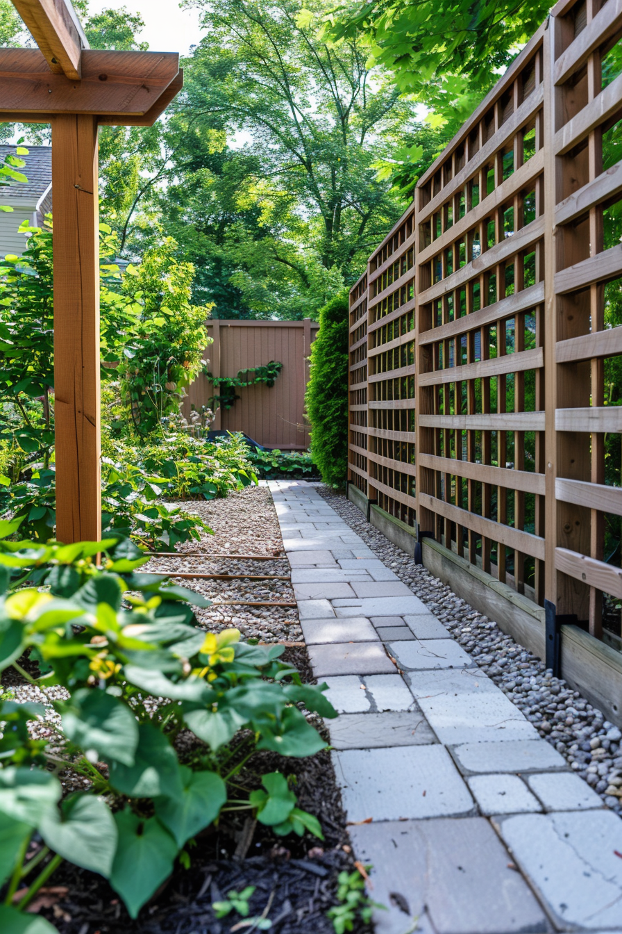 A serene garden pathway lined with pebbles and bordered by a wooden trellis and green foliage, leading to a wooden gate.